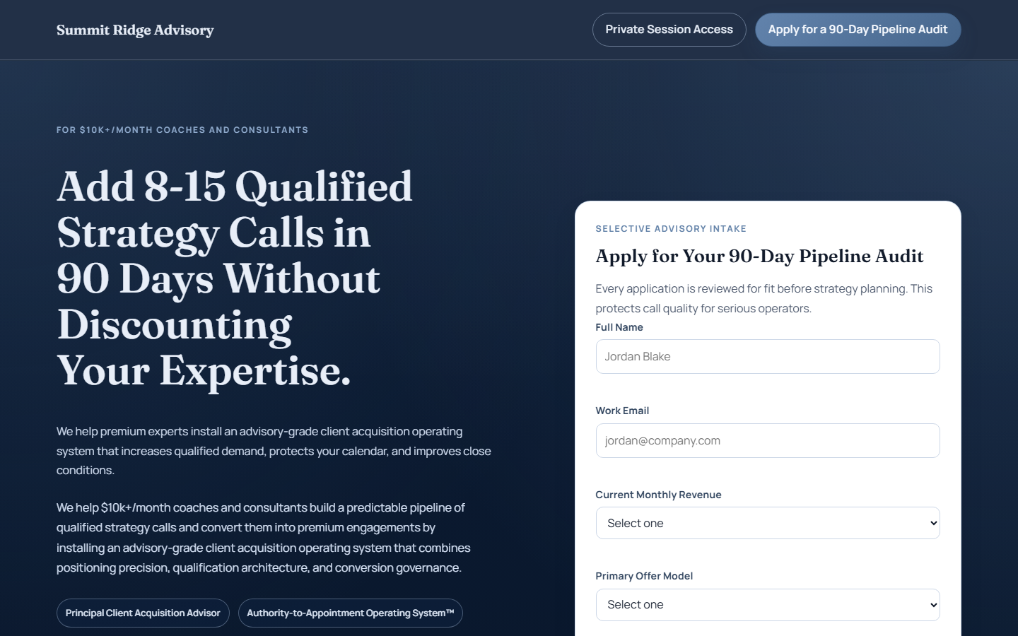 Summit Ridge Advisory funnel page preview